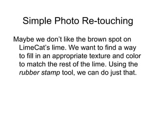 Simple Photo Re-touching
Maybe we don’t like the brown spot on
LimeCat’s lime. We want to find a way
to fill in an appropriate texture and color
to match the rest of the lime. Using the
rubber stamp tool, we can do just that.
 