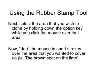 Using the Rubber Stamp Tool
Next, select the area that you wish to
clone by holding down the option key
while you click the mouse over that
area.
Now, “dab” the mouse in short strokes
over the area that you wanted to cover
up (ie. The brown spot on the lime)
 