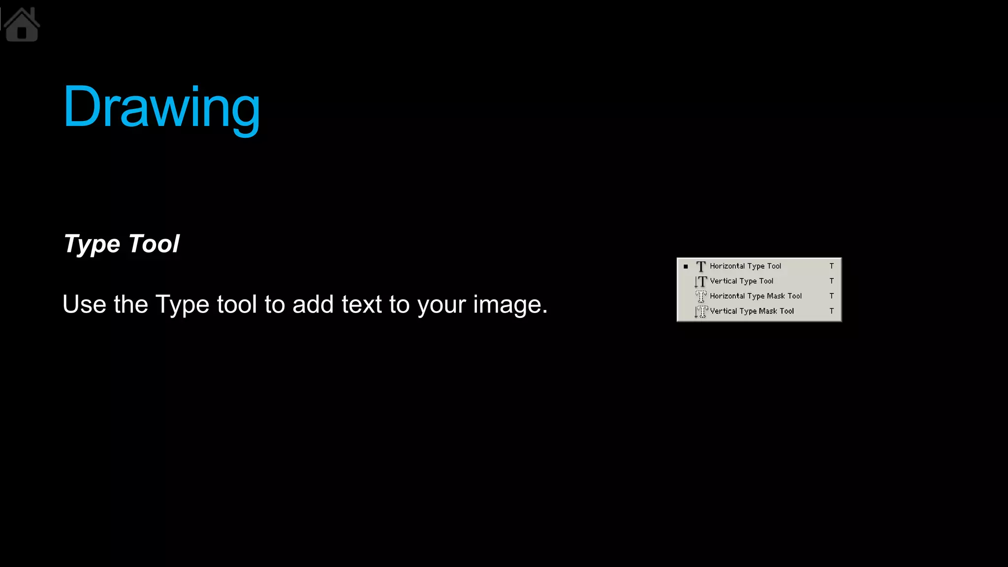 Drawing
Type Tool
Use the Type tool to add text to your image.
 
