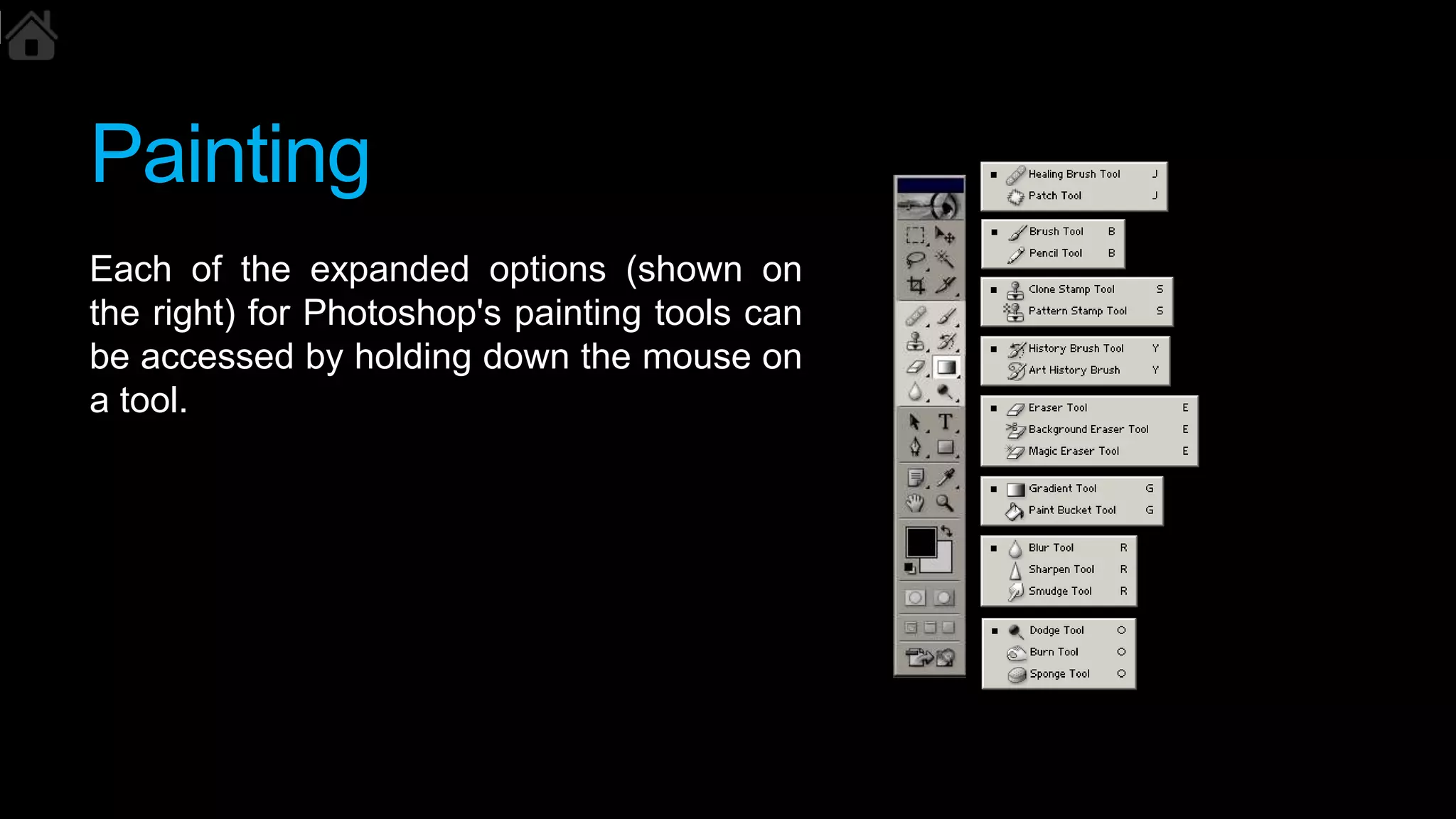Painting
Each of the expanded options (shown on
the right) for Photoshop's painting tools can
be accessed by holding down the mouse on
a tool.
 