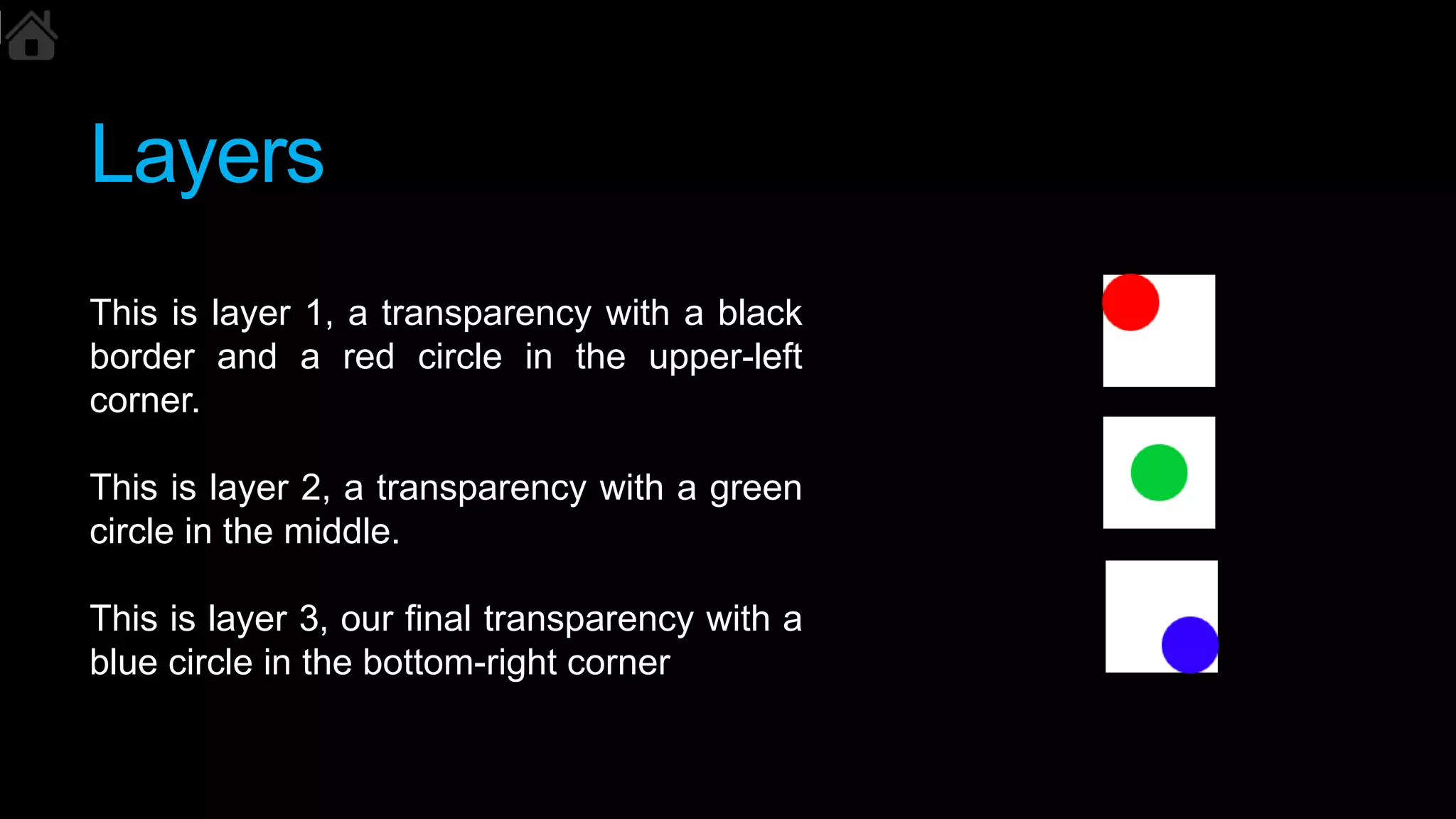 Layers
This is layer 1, a transparency with a black
border and a red circle in the upper-left
corner.
This is layer 2, a transparency with a green
circle in the middle.
This is layer 3, our final transparency with a
blue circle in the bottom-right corner
 
