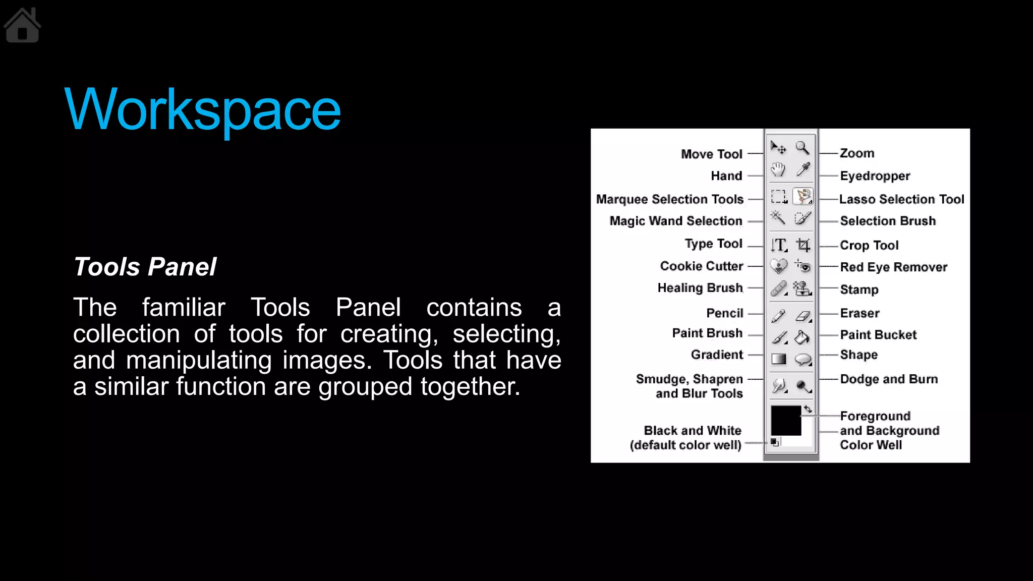 Workspace
Tools Panel
The familiar Tools Panel contains a
collection of tools for creating, selecting,
and manipulating images. Tools that have
a similar function are grouped together.
 