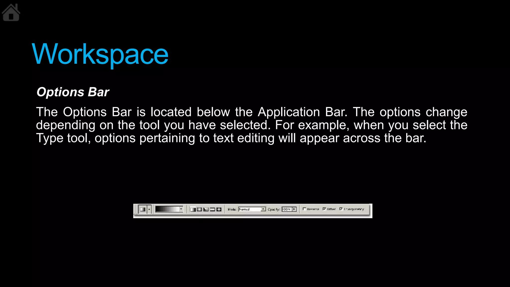 Workspace
Options Bar
The Options Bar is located below the Application Bar. The options change
depending on the tool you have selected. For example, when you select the
Type tool, options pertaining to text editing will appear across the bar.
 