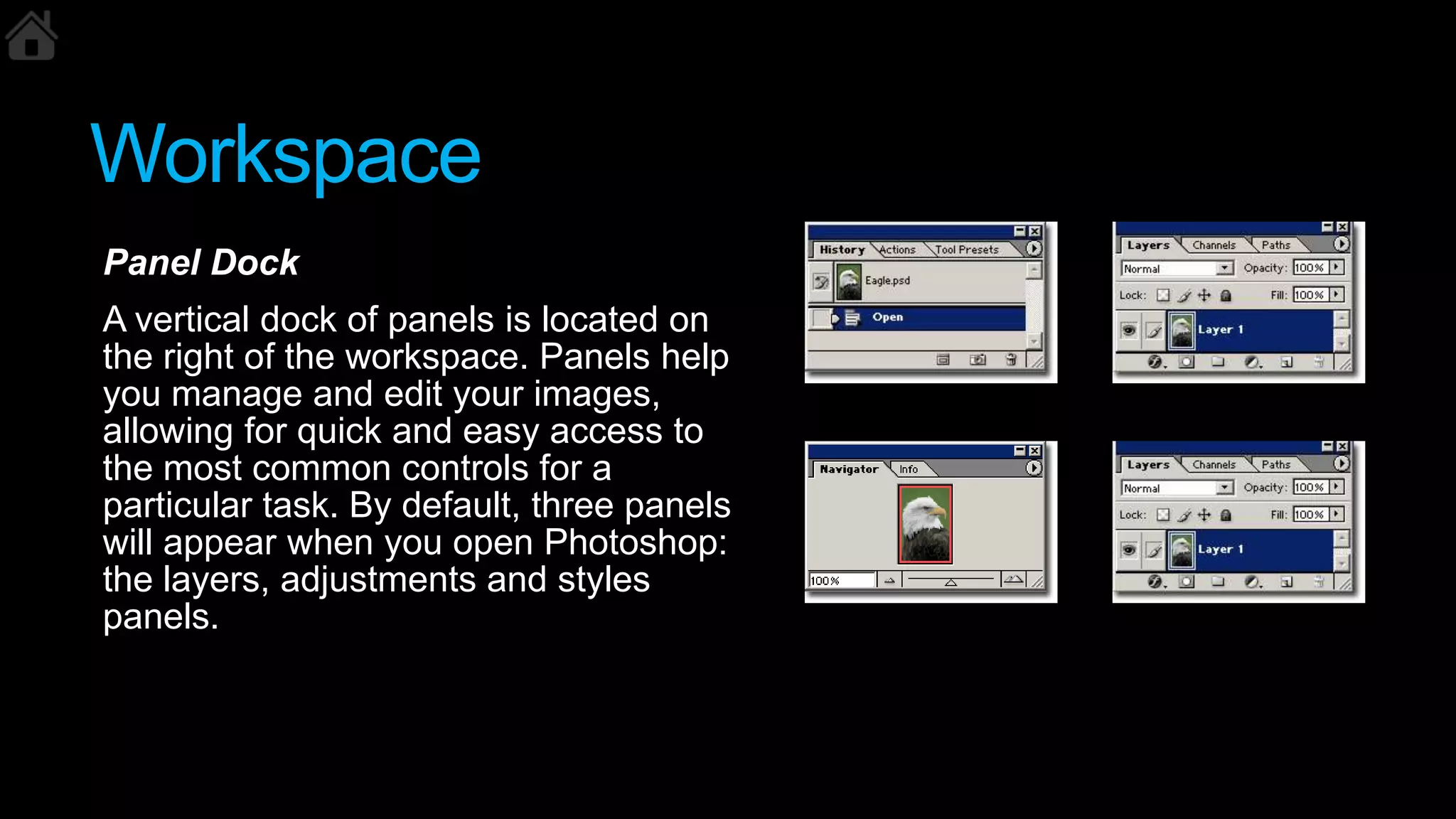 Workspace
Panel Dock
A vertical dock of panels is located on
the right of the workspace. Panels help
you manage and edit your images,
allowing for quick and easy access to
the most common controls for a
particular task. By default, three panels
will appear when you open Photoshop:
the layers, adjustments and styles
panels.
 