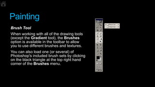 Painting
Brush Tool
When working with all of the drawing tools
(except the Gradient tool), the Brushes
option is available...