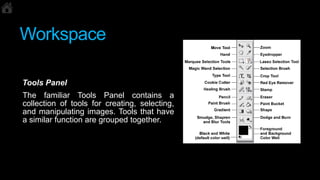 Workspace
Tools Panel
The familiar Tools Panel contains a
collection of tools for creating, selecting,
and manipulating im...