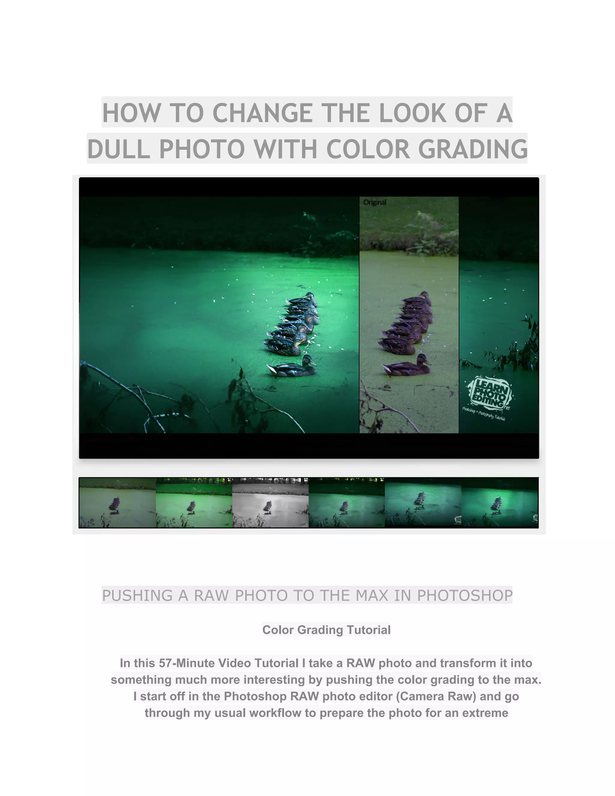 HOW TO CHANGE THE LOOK OF A
DULL PHOTO WITH COLOR GRADING
PUSHING A RAW PHOTO TO THE MAX IN PHOTOSHOP
Color Grading Tutorial  
 
In this 57­Minute Video Tutorial I take a RAW photo and transform it into 
something much more interesting by pushing the color grading to the max. 
I start off in the Photoshop RAW photo editor (Camera Raw) and go 
through my usual workflow to prepare the photo for an extreme 
 