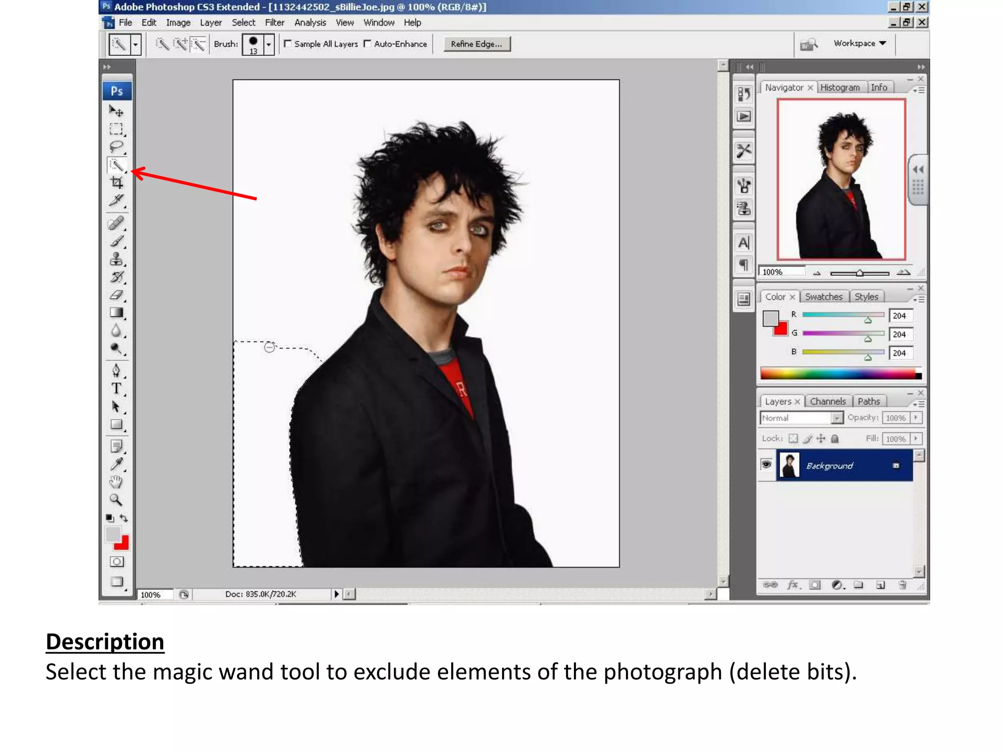 Description
Select the magic wand tool to exclude elements of the photograph (delete bits).
 