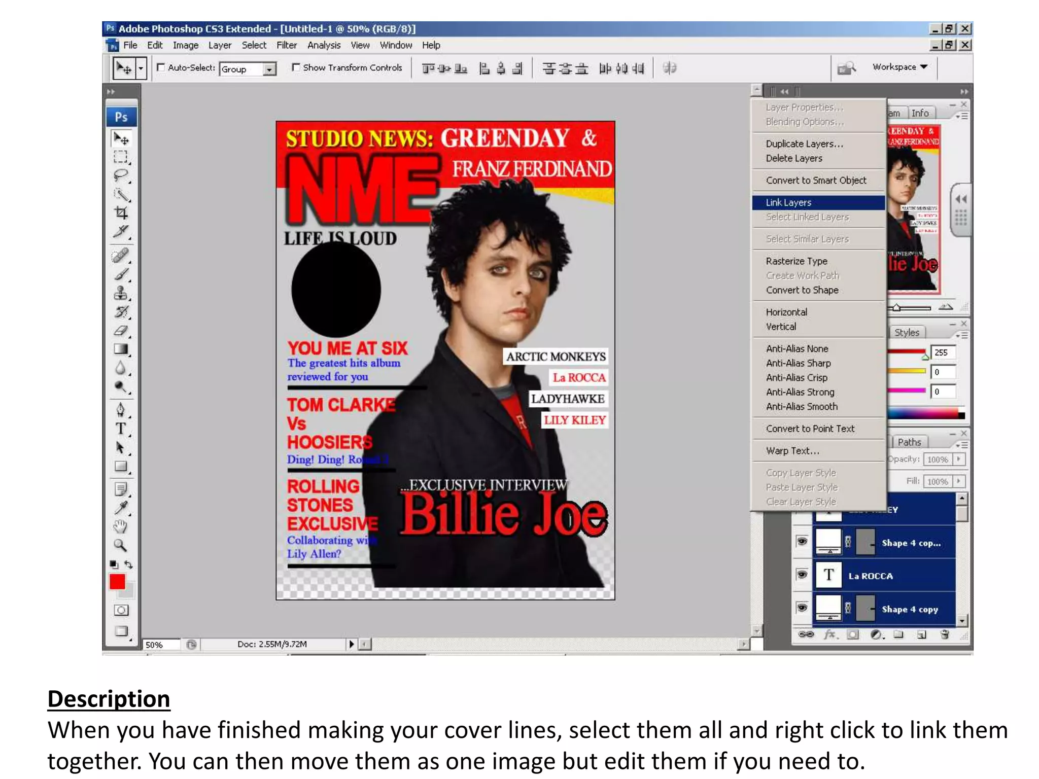 Description
When you have finished making your cover lines, select them all and right click to link them
together. You can then move them as one image but edit them if you need to.
 