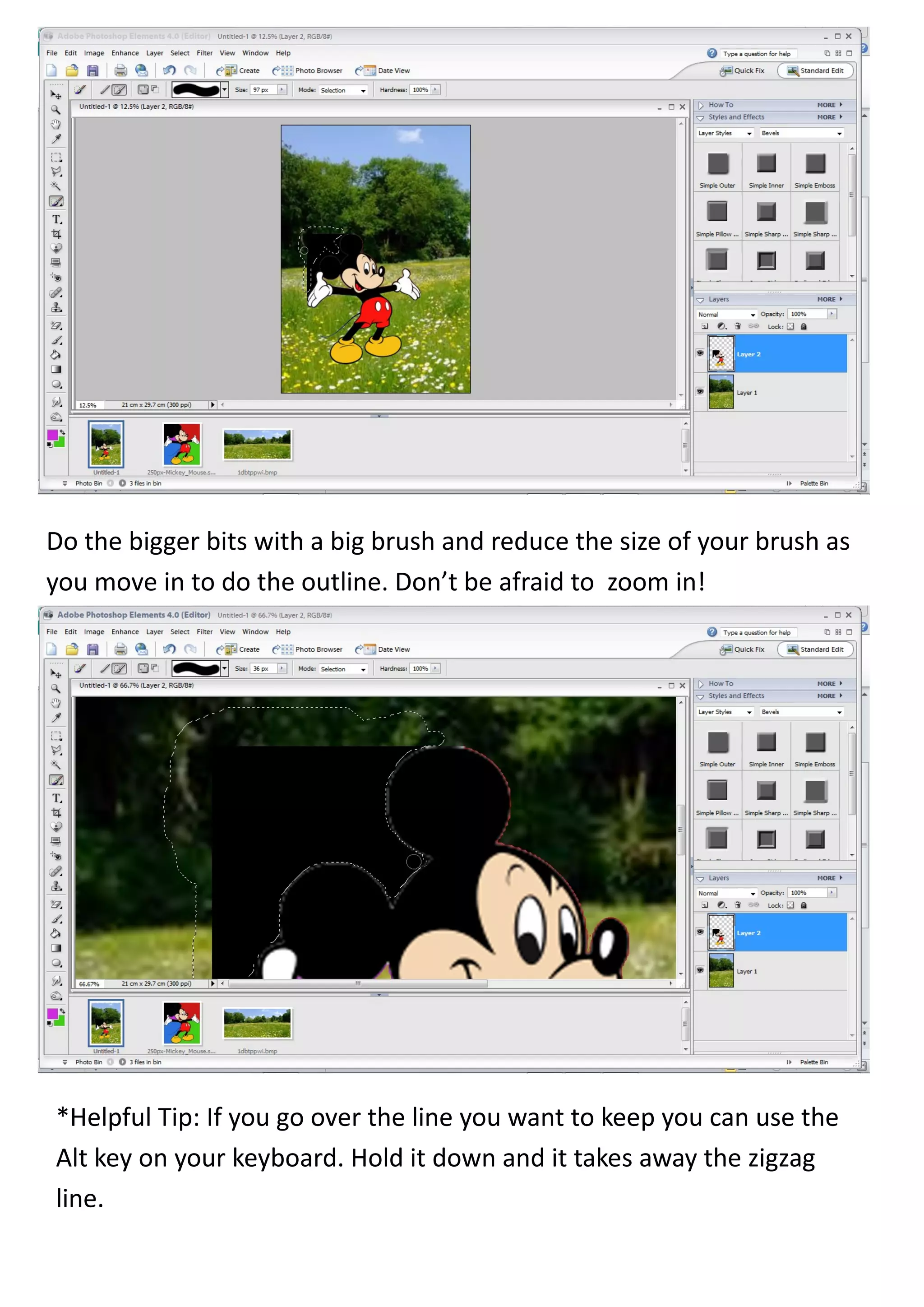 Do the bigger bits with a big brush and reduce the size of your brush as
you move in to do the outline. Don’t be afraid to zoom in!




*Helpful Tip: If you go over the line you want to keep you can use the
Alt key on your keyboard. Hold it down and it takes away the zigzag
line.
 