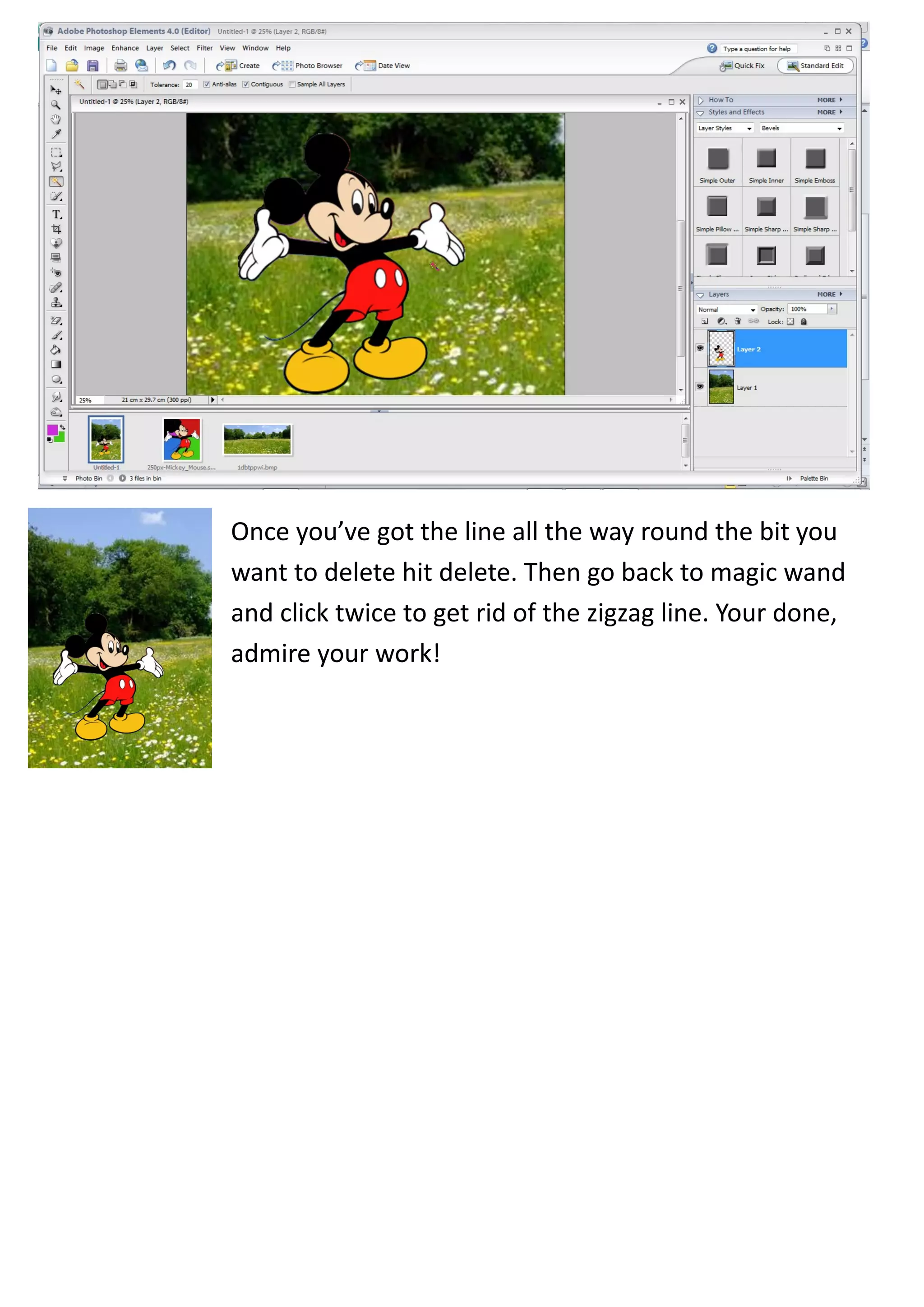 Once you’ve got the line all the way round the bit you
want to delete hit delete. Then go back to magic wand
and click twice to get rid of the zigzag line. Your done,
admire your work!
 