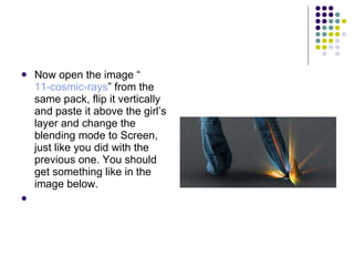 Now open the image “ 11-cosmic-rays ” from the same pack, flip it vertically and paste it above the girl’s layer and change the blending mode to Screen, just like you did with the previous one. You should get something like in the image below. 