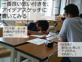 一番良い思い付きを、
アイデアスケッチに
書いてみる
（なるほど。
面白いと感じた
アイデアは、
それか…。）
「じゃあ、さっき
の僕のアイデアが
いいな」
 