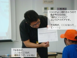 「〇〇がよく倒れちゃうので
私が考えたのは、
“倒れにくい〇〇”
というアイデアです。
下の所が、□□になって
て・・・」
「なるほど、
△△なところが、
便利そうで、いいね」
 