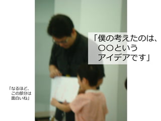 「僕の考えたのは、
〇〇という
アイデアです」
「なるほど、
この部分は
面白いね」
 