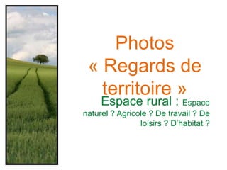 Espace rural : Espace
naturel ? Agricole ? De travail ? De
loisirs ? D’habitat ?
Photos
« Regards de
territoire »
 