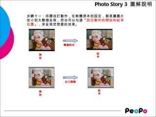 Photo Story 3 圖解說明

步驟十一：所謂自訂動作，在軟體原本的設定，都是讓圖片
從小到大整個呈現，您也可以勾選「設定動作的開始和結束
位置」，來呈現您想要的效果。
 



         電腦設定


   開        ...