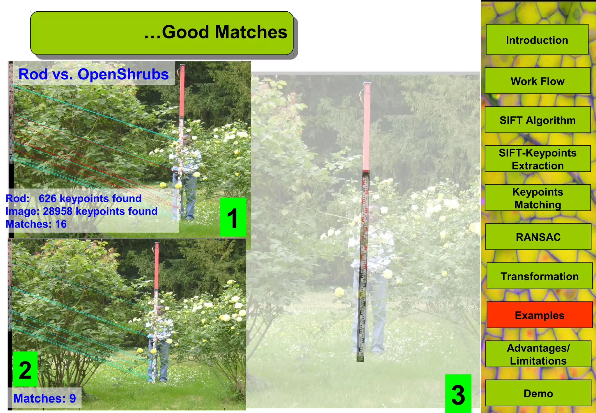 2
3
Rod vs. OpenShrubs
1
Matches: 9
2
Rod: 626 keypoints found
Image: 28958 keypoints found
Matches: 16
…Good Matches
SIFT Algorithm
SIFT-Keypoints
Extraction
Keypoints
Matching
Work Flow
RANSAC
Advantages/
Limitations
Demo
Examples
Transformation
Introduction
 