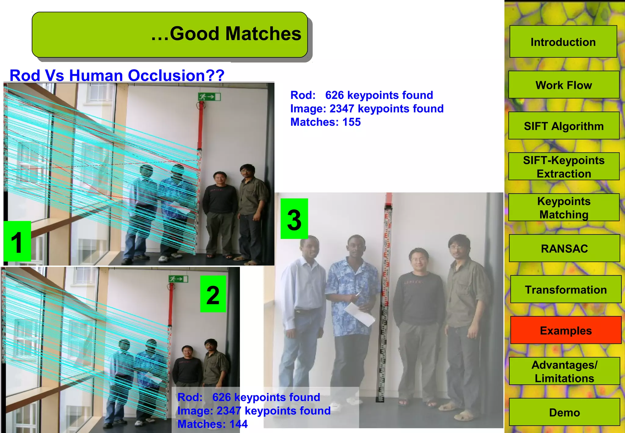 2
Rod Vs Human Occlusion??
1
Rod: 626 keypoints found
Image: 2347 keypoints found
Matches: 155
Rod: 626 keypoints found
Image: 2347 keypoints found
Matches: 144
2
3
…Good Matches
SIFT Algorithm
SIFT-Keypoints
Extraction
Keypoints
Matching
Work Flow
RANSAC
Advantages/
Limitations
Demo
Transformation
Examples
Introduction
 
