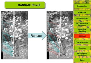 Ransac
RANSAC: Result
SIFT Algorithm
SIFT-Keypoints
Extraction
Work Flow
RANSAC
Advantages/
Limitations
Demo
Transformation
Examples
Keypoints
Matching
Introduction
 