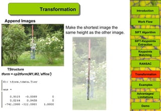 Make the shortest image the
same height as the other image.
Append Images
Transformation
tform = cp2tform(M1,M2,’affine')
SIFT Algorithm
SIFT-Keypoints
Extraction
Keypoints
Matching
Work Flow
Advantages/
Limitations
Demo
Transformation
Examples
RANSAC
Introduction
TStructure
 