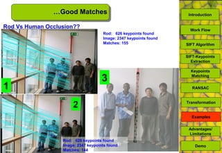 2
Rod Vs Human Occlusion??
1
Rod: 626 keypoints found
Image: 2347 keypoints found
Matches: 155
Rod: 626 keypoints found
Image: 2347 keypoints found
Matches: 144
2
3
…Good Matches
SIFT Algorithm
SIFT-Keypoints
Extraction
Keypoints
Matching
Work Flow
RANSAC
Advantages/
Limitations
Demo
Transformation
Examples
Introduction
 