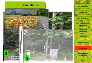Limitations
1
Rod: 626 keypoints found
Image: 17927 keypoints found
Matches: 16
Matches: 4
2
Rod: 626 keypoints found
Image: 30505 keypoints found
3
SIFT Algorithm
SIFT-Keypoints
Extraction
Keypoints
Matching
Work Flow
RANSAC
Advantages/
Limitations
Demo
Transformation
Examples
Introduction
 