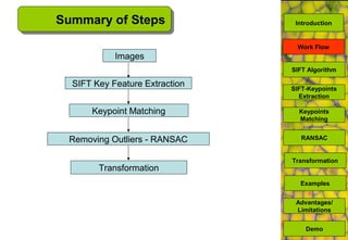 Summary of Steps
Images
SIFT Key Feature Extraction
Keypoint Matching
Removing Outliers - RANSAC
Transformation
Introduction
SIFT Algorithm
SIFT-Keypoints
Extraction
Keypoints
Matching
Work Flow
RANSAC
Advantages/
Limitations
Demo
Transformation
Examples
 