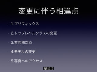 変更に伴う相違点
• 1.プリフィックス
• 2.トップレベルクラスの変更
• 3.非同期対応
• 4.モデルの変更
• 5.写真へのアクセス
 