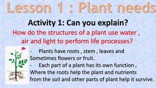 Lesson 1 : Plant needs
Activity 1: Can you explain?
How do the structures of a plant use water ,
air and light to perform life processes?
- Plants have roots , stem , leaves and
Sometimes flowers or fruit.
- Each part of a plant has its own function ,
Where the roots help the plant and nutrients
from the soil and other parts of plant help it survive.
 
