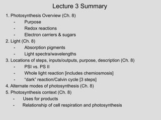 Lecture 3 Summary
1. Photosynthesis Overview (Ch. 8)
- Purpose
- Redox reactions
- Electron carriers & sugars
2. Light (Ch. 8)
- Absorption pigments
- Light spectra/wavelengths
3. Locations of steps, inputs/outputs, purpose, description (Ch. 8)
- PSI vs. PS II
- Whole light reaction [includes chemiosmosis]
- “dark” reaction/Calvin cycle [3 steps]
4. Alternate modes of photosynthesis (Ch. 8)
5. Photosynthesis context (Ch. 8)
- Uses for products
- Relationship of cell respiration and photosynthesis
 