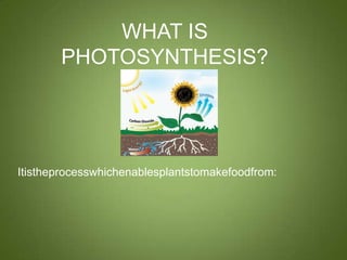 WHAT IS
       PHOTOSYNTHESIS?




Itistheprocesswhichenablesplantstomakefoodfrom:
 