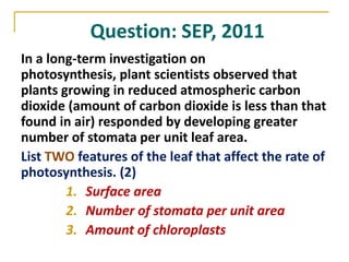 Question: SEP, 2011
In a long-term investigation on
photosynthesis, plant scientists observed that
plants growing in reduced atmospheric carbon
dioxide (amount of carbon dioxide is less than that
found in air) responded by developing greater
number of stomata per unit leaf area.
List TWO features of the leaf that affect the rate of
photosynthesis. (2)
        1. Surface area
        2. Number of stomata per unit area
        3. Amount of chloroplasts
 