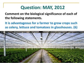 Question: MAY, 2012
Comment on the biological significance of each of
the following statements.
It is advantageous for a farmer to grow crops such
as celery, lettuce and tomatoes in glasshouses. (6)
 