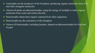  Autotrophs are the producers of the biosphere, producing organic molecules from CO2
and other inorganic molecules.
 Almost all plants are photoautotrophs, using the energy of sunlight to make organic
molecules from water and carbon dioxide
 Heterotrophs obtain their organic material from other organisms
 Heterotrophs are the consumers of the biosphere
 Almost all heterotrophs, including humans, depend on photoautotrophs for food and
oxygen
 