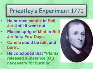 Priestley’s Experiment 1771
• He burned candle in Bell
Jar Until it went out.
• Placed sprig of Mint in Bell
Jar for a Few Days.
• Candle could be relit and
burnt.
• He concluded that “Plants
released substance (O2)
necessary for burning.”
 