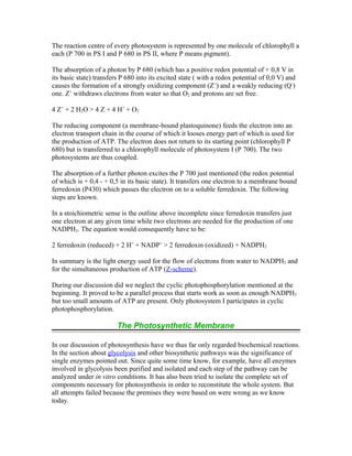 The reaction centre of every photosystem is represented by one molecule of chlorophyll a
each (P 700 in PS I and P 680 in PS II, where P means pigment).
The absorption of a photon by P 680 (which has a positive redox potential of + 0,8 V in
its basic state) transfers P 680 into its excited state ( with a redox potential of 0,0 V) and
causes the formation of a strongly oxidizing component (Z+
) and a weakly reducing (Q-
)
one. Z+
withdraws electrons from water so that O2 and protons are set free.
4 Z+
+ 2 H2O > 4 Z + 4 H+
+ O2
The reducing component (a membrane-bound plastoquinone) feeds the electron into an
electron transport chain in the course of which it looses energy part of which is used for
the production of ATP. The electron does not return to its starting point (chlorophyll P
680) but is transferred to a chlorophyll molecule of photosystem I (P 700). The two
photosystems are thus coupled.
The absorption of a further photon excites the P 700 just mentioned (the redox potential
of which is + 0,4 - + 0,5 in its basic state). It transfers one electron to a membrane bound
ferredoxin (P430) which passes the electron on to a soluble ferredoxin. The following
steps are known.
In a stoichiometric sense is the outline above incomplete since ferredoxin transfers just
one electron at any given time while two electrons are needed for the production of one
NADPH2. The equation would consequently have to be:
2 ferredoxin (reduced) + 2 H+
+ NADP+
> 2 ferredoxin (oxidized) + NADPH2
In summary is the light energy used for the flow of electrons from water to NADPH2 and
for the simultaneous production of ATP (Z-scheme).
During our discussion did we neglect the cyclic photophosphorylation mentioned at the
beginning. It proved to be a parallel process that starts work as soon as enough NADPH2
but too small amounts of ATP are present. Only photosystem I participates in cyclic
photophosphorylation.
The Photosynthetic Membrane
In our discussion of photosynthesis have we thus far only regarded biochemical reactions.
In the section about glycolysis and other biosynthetic pathways was the significance of
single enzymes pointed out. Since quite some time know, for example, have all enzymes
involved in glycolysis been purified and isolated and each step of the pathway can be
analyzed under in vitro conditions. It has also been tried to isolate the complete set of
components necessary for photosynthesis in order to reconstitute the whole system. But
all attempts failed because the premises they were based on were wrong as we know
today.
 