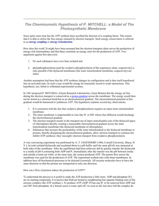 The Chemiosmotic Hypothesis of P. MITCHELL: a Model of The
Photosynthetic Membrane
Since quite some time has the ATP synthase been ascribed the function of a coupling factor. This means
that it is able to utilize the free energy released by electron transport. Such energy conservation is referred
to as energy coupling or energy transduction.
How does this work? It might have been assumed that the electron transport chain serves the production of
energy-rich intermediates and that these constitute an energy store for the production of ATP. Two
arguments against this idea exist:
1. No such substances have ever been isolated and
2. photophosphorylation (and the oxidative phosphorylation of the respiratory chain, respectively) is
only possible if the thylacoid membranes (the inner mitochondrial membrane, respectively) are
intact.
Another assumption had been that the ATP synthase changes its configuration and is thus itself transferred
into an activated state. In such a case would the energy be transiently stored in weak interactions. This
hypothesis, too, failed to withstand experimental scrutiny.
In 1961 proposed P. MITCHELL (Glynn Research Laboratories, Great Britain) that the energy set free
during the electron transport is conserved as a proton gradient across the membrane. The energy would then
not be stored as a chemical bond but as an electrochemical gradient. The electrochemical potential of this
gradient would be harnessed to synthesize ATP. The hypothesis explains several key observations:
1. It is consistent with the fact that oxidative phosphorylation requires an intact inner mitochondrial
membrane.
2. The inner membrane is impermeable to ions like H+
or OH-
whose free diffusion would discharge
the electrochemical gradient.
3. The electron transport results in the transport out of intact mitochondria (out of the thylacoid space
of chloroplasts) thereby creating a measurable electrochemical gradient across the inner
mitochondrial membrane (the thylacoid membrane of chloroplasts).
4. Substances that increase the permeability of the inner mitochondrial or the thylacoid membrane to
protons, thereby dissipating the electrochemical gradient, allow electron transport to continue but
inhibit ATP synthesis: they 'uncouple' electron transport from oxidative phosphorylation.
A very convincing experiment was performed by A. T. JAGENDORF (1966, Cornell University, Ithaca, N.
Y.): he took isolated thylacoids and incubated them in a pH buffer until the same pH (4) was measured at
both sides of the membrane. After the equilibrium had been achieved, did he quickly transfer the thylacoids
to a media of pH 8 containing both ADP and Pi. Immediately after the transfer was the pH between inside
and outside evened out while, at the same time, the system produced ATP. The proton flow across the
membrane was used for the production of ATP. The experiment worked only with intact membranes. In
addition have all biochemical processes to be directed (vectorial). All enzyme molecules have to have the
same direction so that the protons are transported in only one direction.
How can a flow of protons induce the production of ATP??
To understand the process is it useful to study the ATP production a little more. ADP and phosphate (Pi)
are its starting compounds. It is known that both are bound to neighbouring but separate binding sites of the
enzyme complex (the ATP synthase ). To produce ATP (ADP~P) has one H+
to be removed from ADP and
one OH-
from phosphate. In a formal sense is water split off. As soon as the ions have left the complex do
 