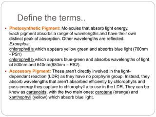 Define the terms.. 
 Photosynthetic Pigment: Molecules that absorb light energy. 
Each pigment absorbs a range of wavelengths and have their own 
distinct peak of absorption. Other wavelengths are reflected. 
Examples: 
chlorophyll a which appears yellow green and absorbs blue light (700nm 
- PS1) 
chlorophyll b which appears blue-green and absorbs wavelengths of light 
of 500nm and 640nm(680nm – PS2). 
 Accessory Pigment: These aren’t directly involved in the light-dependant 
reaction (LDR) as they have no porphyrin group. Instead, they 
absorb wavelengths that aren’t absorbed efficiently by chlorophylls and 
pass energy they capture to chlorophyll a to use in the LDR. They can be 
know as cartenoids, with the two main ones: carotene (orange) and 
xanthophyll (yellow) which absorb blue light. 
 