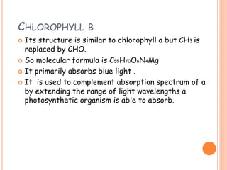 CHLOROPHYLL B
 Its structure is similar to chlorophyll a but CH3 is
replaced by CHO.
 So molecular formula is C55H70O6N4Mg
 It primarily absorbs blue light .
 It is used to complement absorption spectrum of a
by extending the range of light wavelengths a
photosynthetic organism is able to absorb.
 