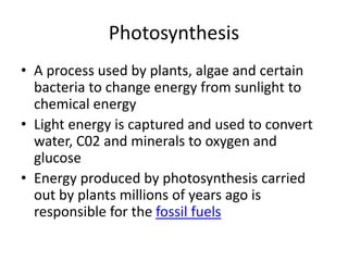 Photosynthesis
• A process used by plants, algae and certain
bacteria to change energy from sunlight to
chemical energy
• Light energy is captured and used to convert
water, C02 and minerals to oxygen and
glucose
• Energy produced by photosynthesis carried
out by plants millions of years ago is
responsible for the fossil fuels
 
