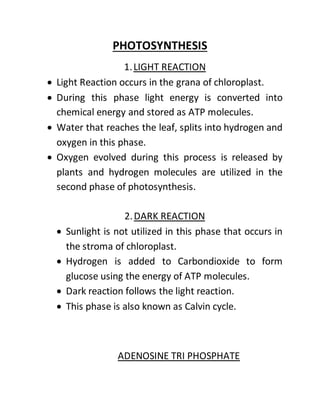 PHOTOSYNTHESIS
1.LIGHT REACTION
 Light Reaction occurs in the grana of chloroplast.
 During this phase light energy is converted into
chemical energy and stored as ATP molecules.
 Water that reaches the leaf, splits into hydrogen and
oxygen in this phase.
 Oxygen evolved during this process is released by
plants and hydrogen molecules are utilized in the
second phase of photosynthesis.
2.DARK REACTION
 Sunlight is not utilized in this phase that occurs in
the stroma of chloroplast.
 Hydrogen is added to Carbondioxide to form
glucose using the energy of ATP molecules.
 Dark reaction follows the light reaction.
 This phase is also known as Calvin cycle.
ADENOSINE TRI PHOSPHATE
 