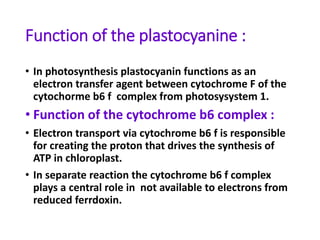 Function of the plastocyanine :
• In photosynthesis plastocyanin functions as an
electron transfer agent between cytochrome F of the
cytochorme b6 f complex from photosysystem 1.
• Function of the cytochrome b6 complex :
• Electron transport via cytochrome b6 f is responsible
for creating the proton that drives the synthesis of
ATP in chloroplast.
• In separate reaction the cytochrome b6 f complex
plays a central role in not available to electrons from
reduced ferrdoxin.
 