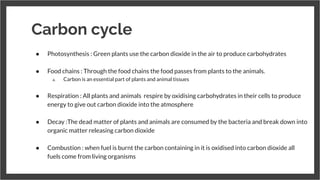 Carbon cycle
● Photosynthesis : Green plants use the carbon dioxide in the air to produce carbohydrates
●
● Food chains : Through the food chains the food passes from plants to the animals.
a. Carbon is an essential part of plants and animal tissues
●
● Respiration : All plants and animals respire by oxidising carbohydrates in their cells to produce
energy to give out carbon dioxide into the atmosphere
●
● Decay :The dead matter of plants and animals are consumed by the bacteria and break down into
organic matter releasing carbon dioxide
●
● Combustion : when fuel is burnt the carbon containing in it is oxidised into carbon dioxide all
fuels come from living organisms
 