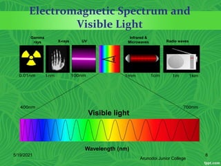 Electromagnetic Spectrum and
Visible Light
Gamma
rays X-rays UV
Infrared &
Microwaves Radio waves
Visible light
Wavelength (nm)
5/19/2021 8
Arunodoi Junior College
 