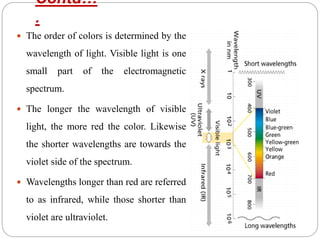 Contd…
.
 The order of colors is determined by the
wavelength of light. Visible light is one
small part of the electromagnetic
spectrum.
 The longer the wavelength of visible
light, the more red the color. Likewise
the shorter wavelengths are towards the
violet side of the spectrum.
 Wavelengths longer than red are referred
to as infrared, while those shorter than
violet are ultraviolet.
 