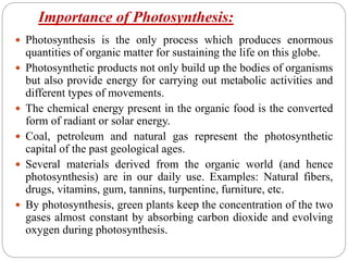 Importance of Photosynthesis:
 Photosynthesis is the only process which produces enormous
quantities of organic matter for sustaining the life on this globe.
 Photosynthetic products not only build up the bodies of organisms
but also provide energy for carrying out metabolic activities and
different types of movements.
 The chemical energy present in the organic food is the converted
form of radiant or solar energy.
 Coal, petroleum and natural gas represent the photosynthetic
capital of the past geological ages.
 Several materials derived from the organic world (and hence
photosynthesis) are in our daily use. Examples: Natural fibers,
drugs, vitamins, gum, tannins, turpentine, furniture, etc.
 By photosynthesis, green plants keep the concentration of the two
gases almost constant by absorbing carbon dioxide and evolving
oxygen during photosynthesis.
 