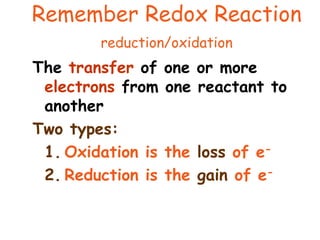Remember Redox Reaction
reduction/oxidation
The transfer of one or more
electrons from one reactant to
another
Two types:
1. Oxidation is the loss of e-
2. Reduction is the gain of e-
 