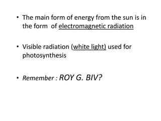• The main form of energy from the sun is in
the form of electromagnetic radiation
• Visible radiation (white light) used for
photosynthesis
• Remember : ROY G. BIV?
 