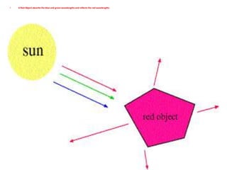 • A Red Object absorbs the blue and green wavelengths and reflects the red wavelengths
 